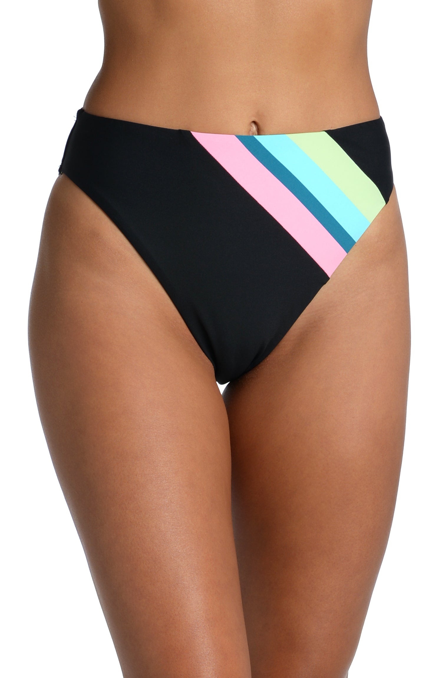 Model is wearing a vibrant colorblock against a solid black ground printed high waist bottom from our Colorblock collection!
