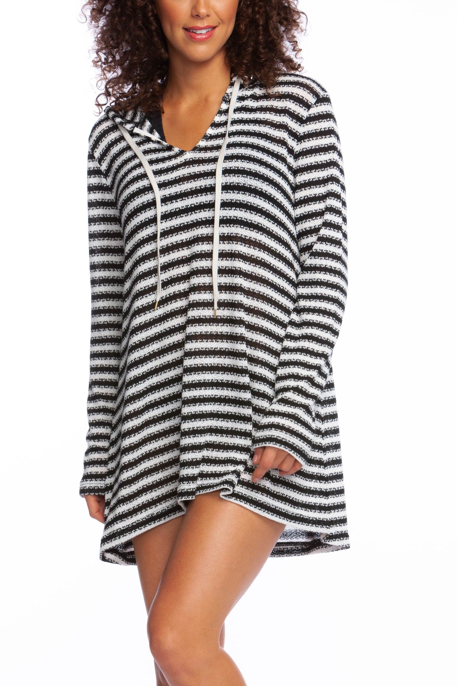 Beach Cozy Slouchy Striped Hooded Sweater Cover-Up Tunic