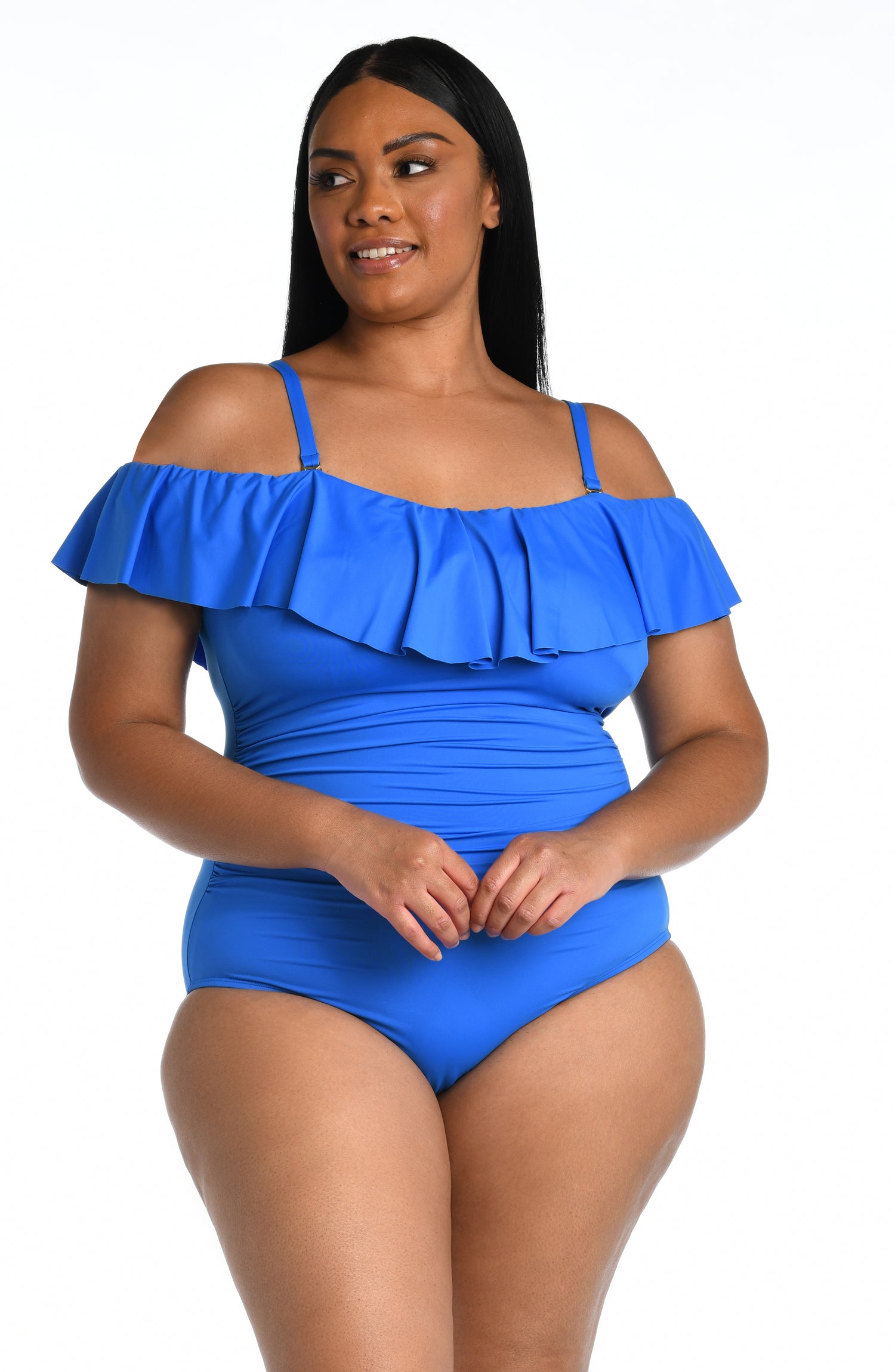 Model is wearing a capri blue colored one piece swimsuit from our Best-Selling Island Goddess collection.