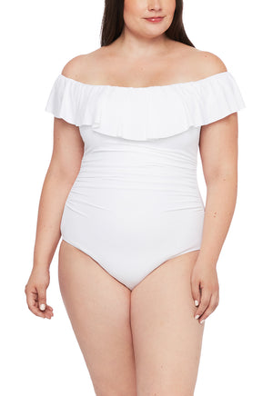
            
                Load image into Gallery viewer, Model is wearing a white ruffle one piece swimsuit from our Best-Selling Island Goddess collection.
            
        