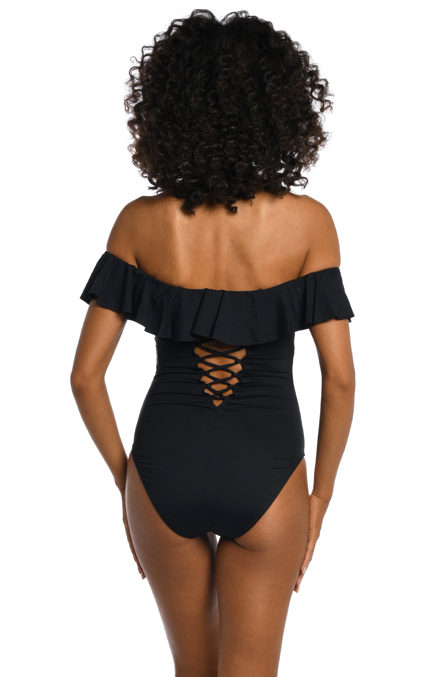 Model is wearing a black one piece swimsuit from our Best-Selling Island Goddess collection.