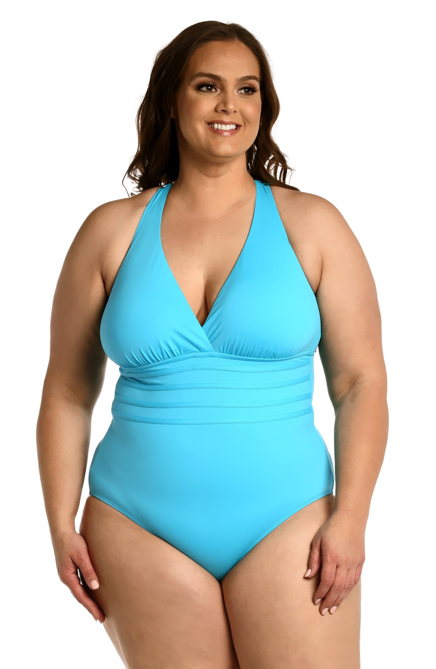 Model is wearing a azul (light blue) colored one piece swimsuit from our Best-Selling Island Goddess collection.