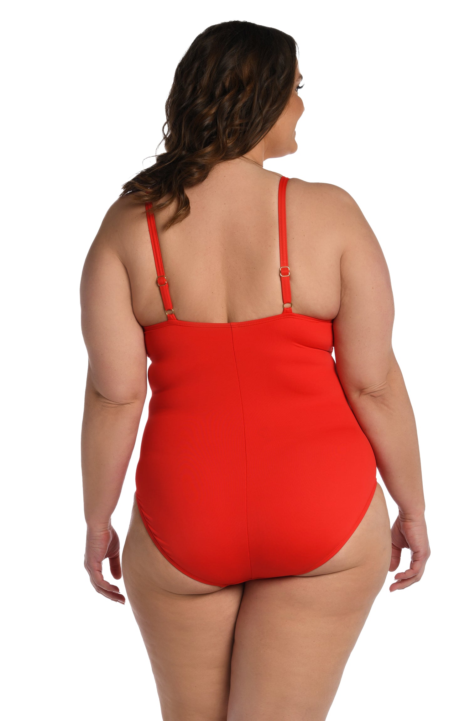 Model is wearing a cherry colored one piece swimsuit from our Best-Selling Island Goddess collection.
