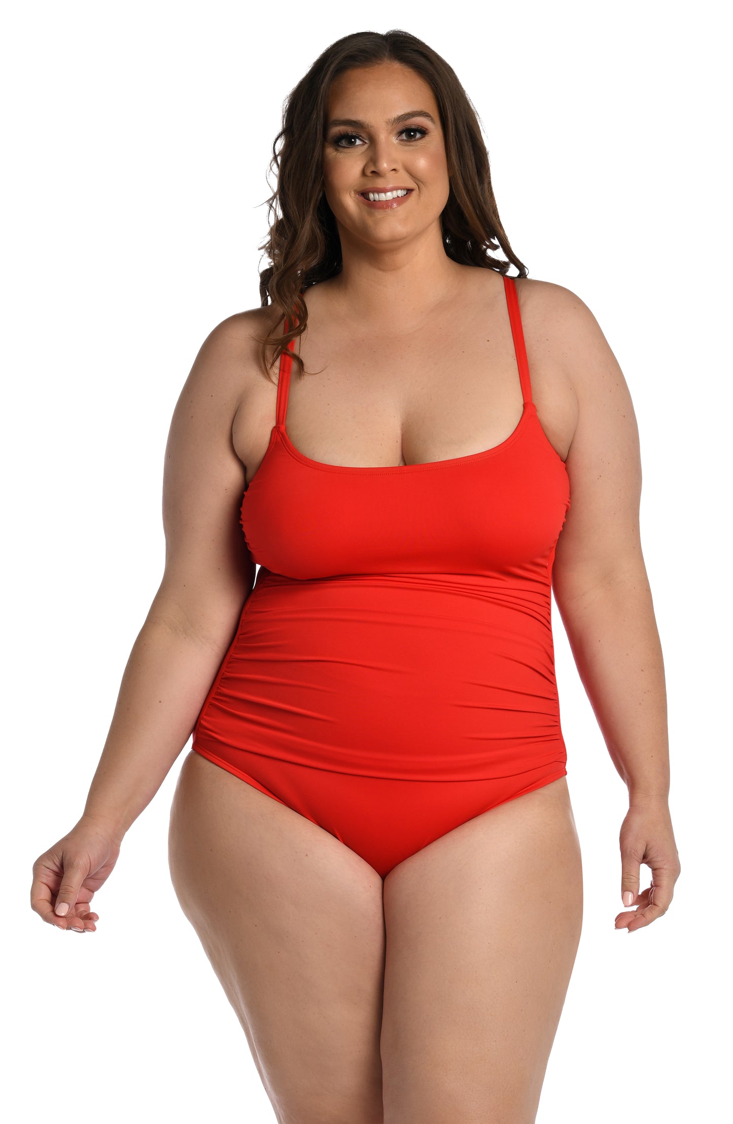 Model is wearing a cherry colored one piece swimsuit from our Best-Selling Island Goddess collection.