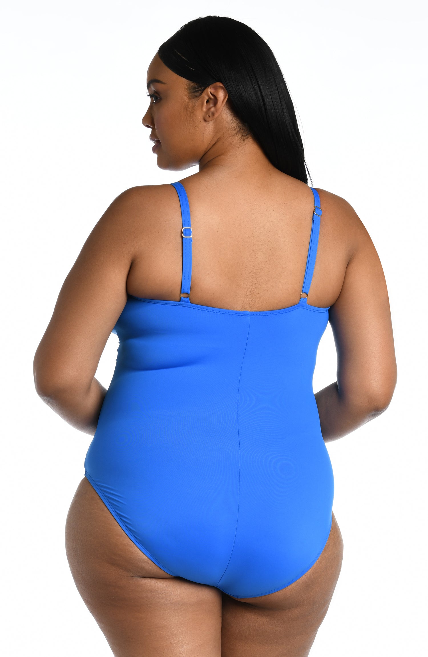 Model is wearing a capri blue colored one piece swimsuit from our Best-Selling Island Goddess collection.