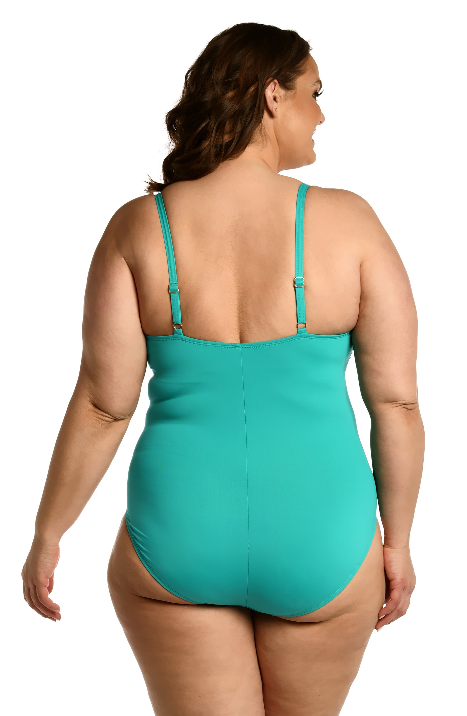 Model is wearing a emerald colored one piece swimsuit from our Best-Selling Island Goddess collection.