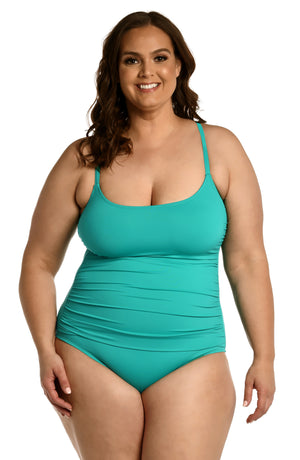 Model is wearing a emerald colored one piece swimsuit from our Best-Selling Island Goddess collection.
