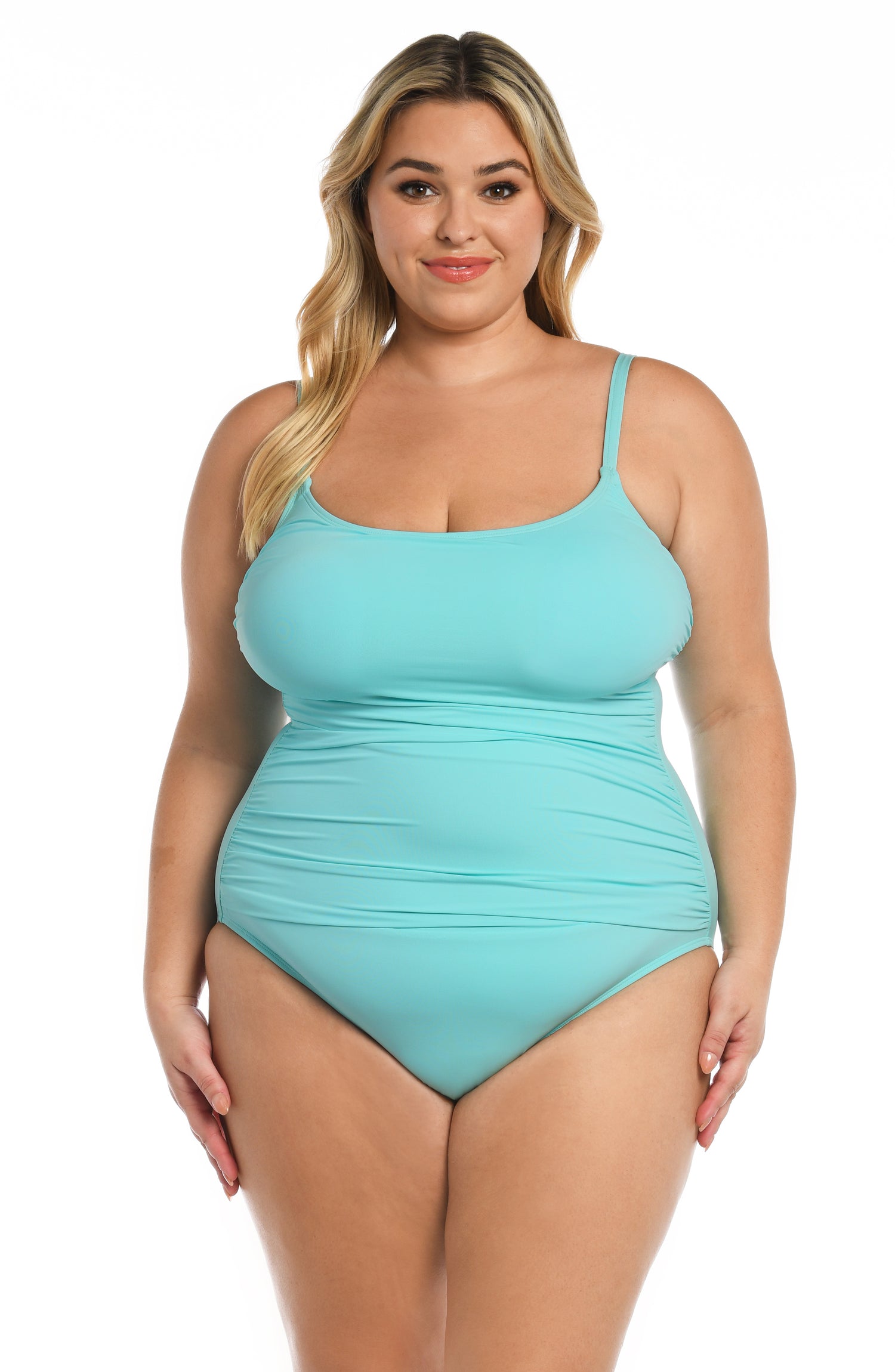 Model is wearing a ice blue colored one piece swimsuit from our Best-Selling Island Goddess collection.
