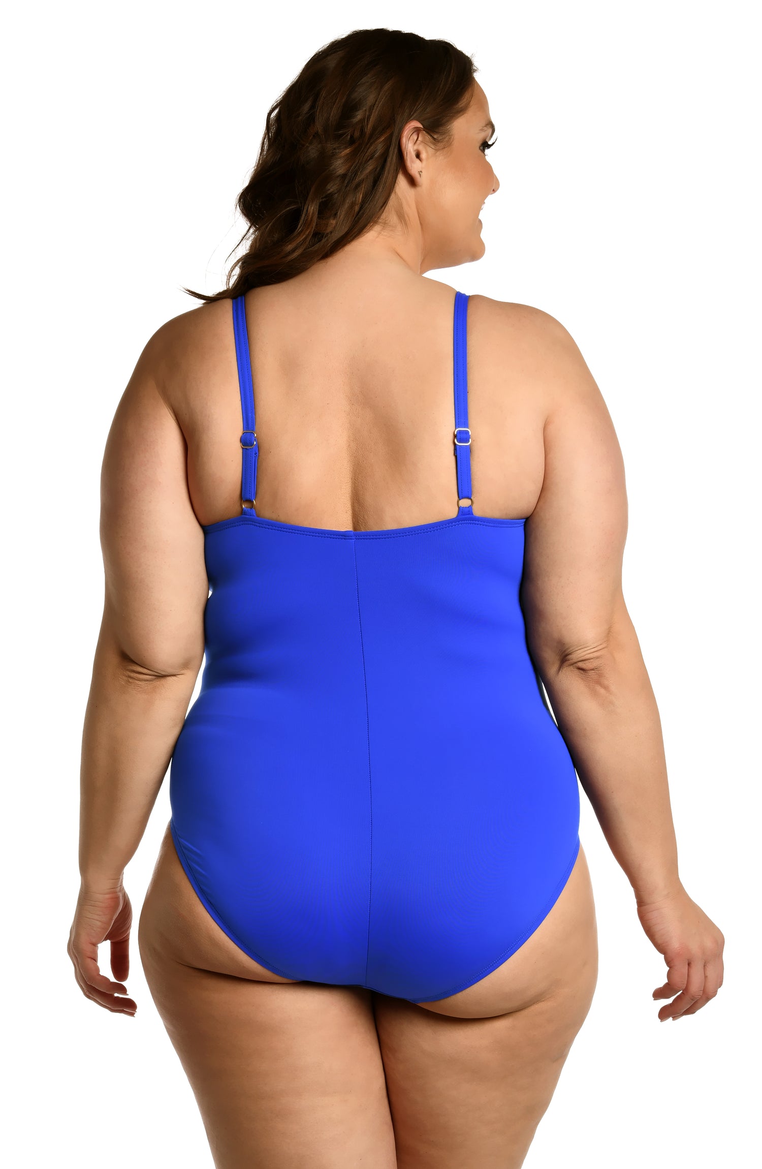 Model is wearing a sapphire colored one piece swimsuit from our Best-Selling Island Goddess collection.
