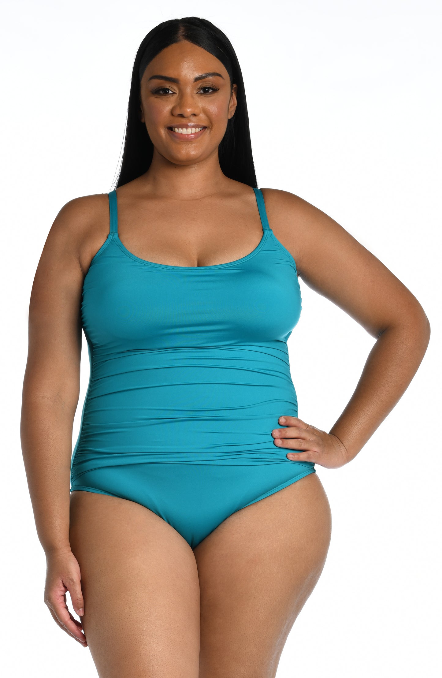 Model is wearing a turquoise colored one piece swimsuit from our Best-Selling Island Goddess collection.