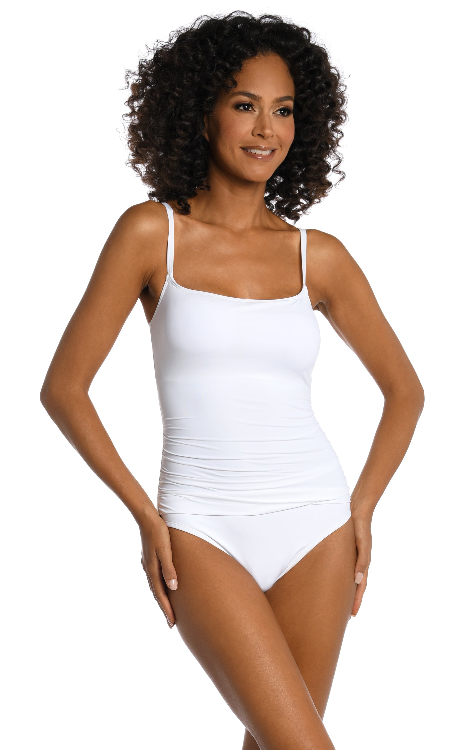 Model is wearing a white one piece swimsuit from our Best-Selling Island Goddess collection.
