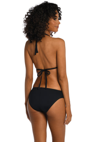 Model is wearing a black halter triangle swimsuit top from our Best-Selling Island Goddess collection.