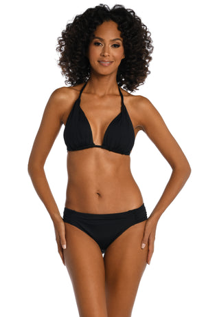 Model is wearing a black halter triangle swimsuit top from our Best-Selling Island Goddess collection.