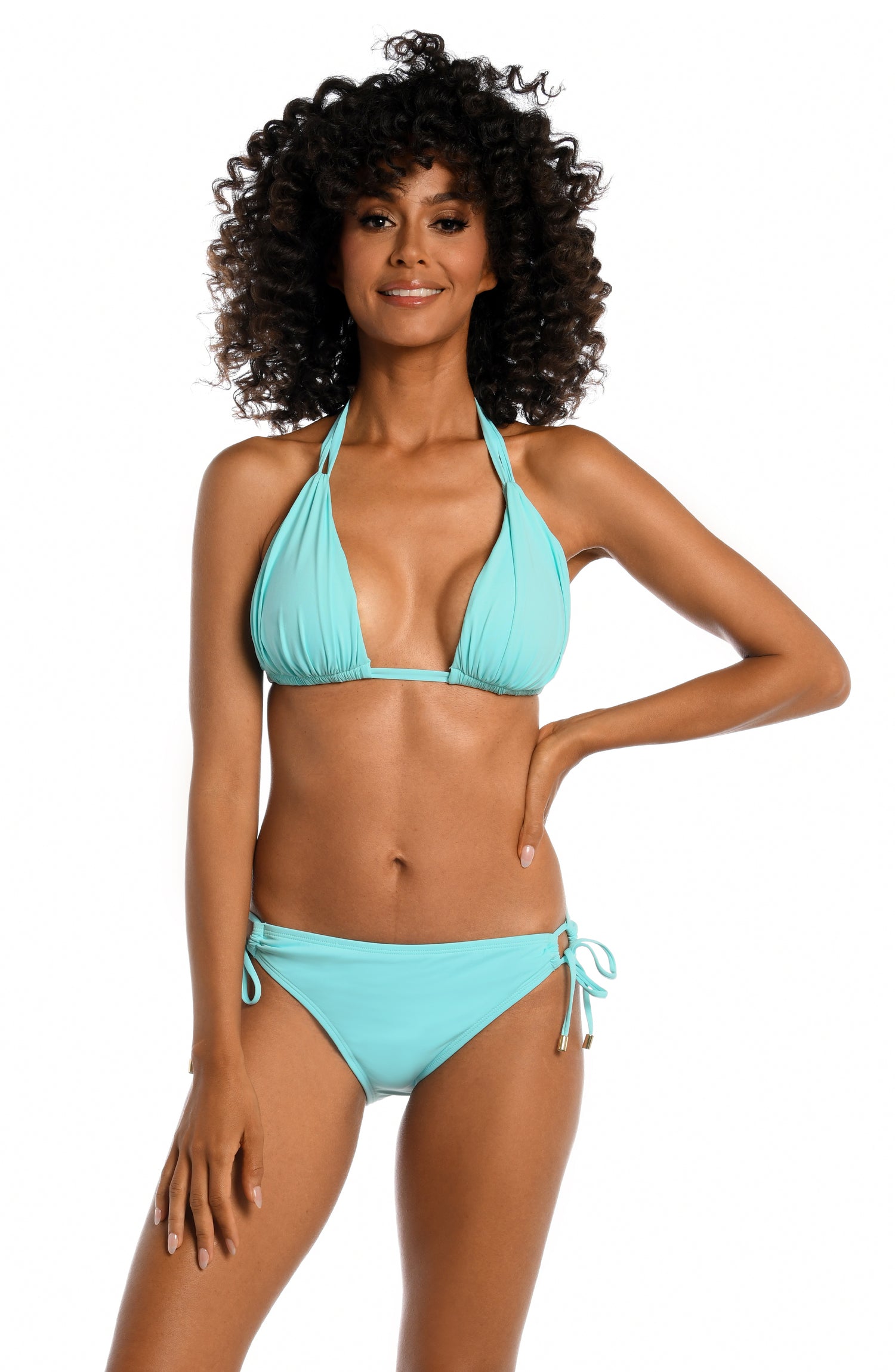Model is wearing a ice blue colored halter swimsuit top from our Best-Selling Island Goddess collection.