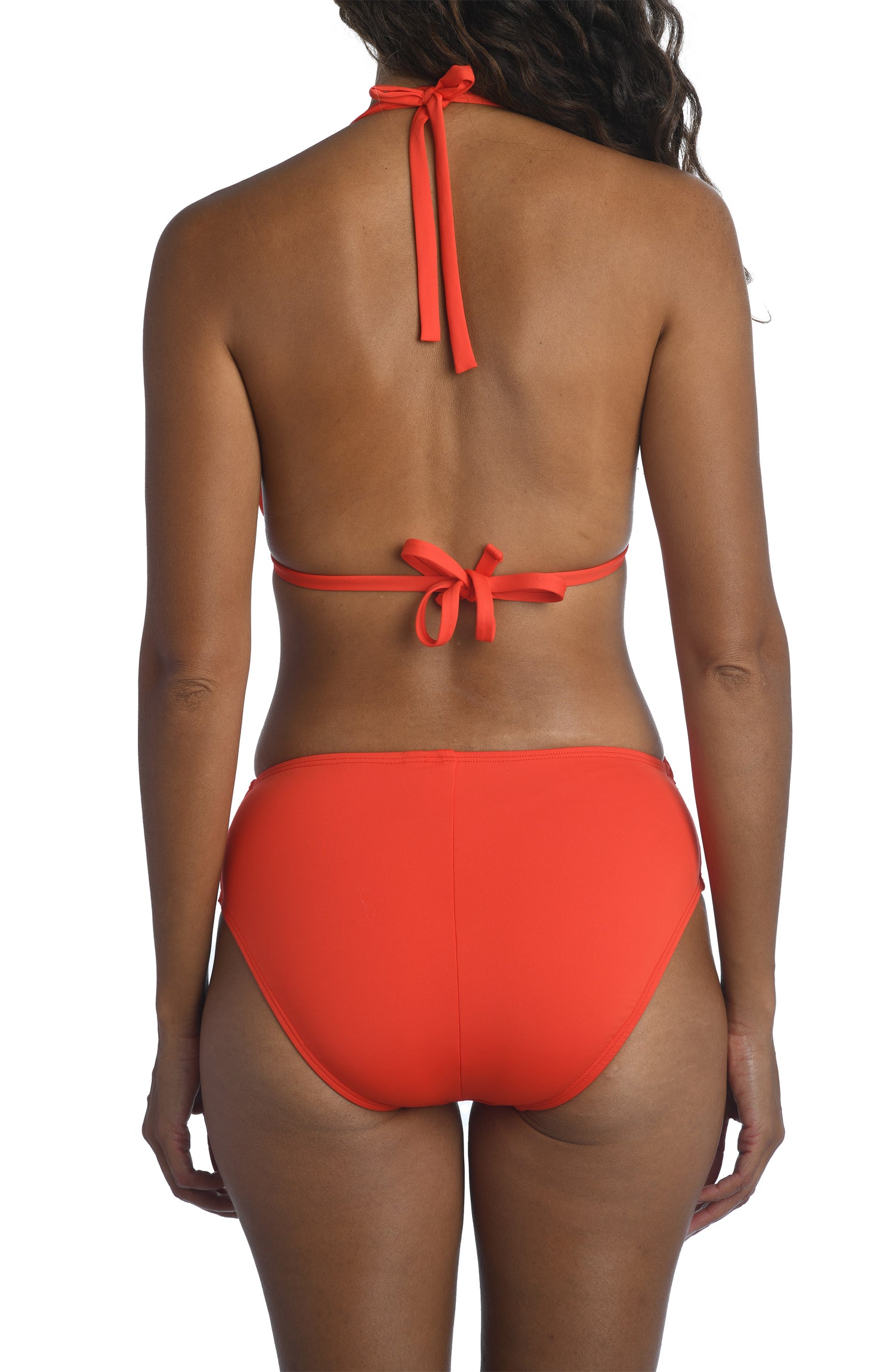 Model is wearing a paprika colored triangle swimsuit top from our Best-Selling Island Goddess collection.