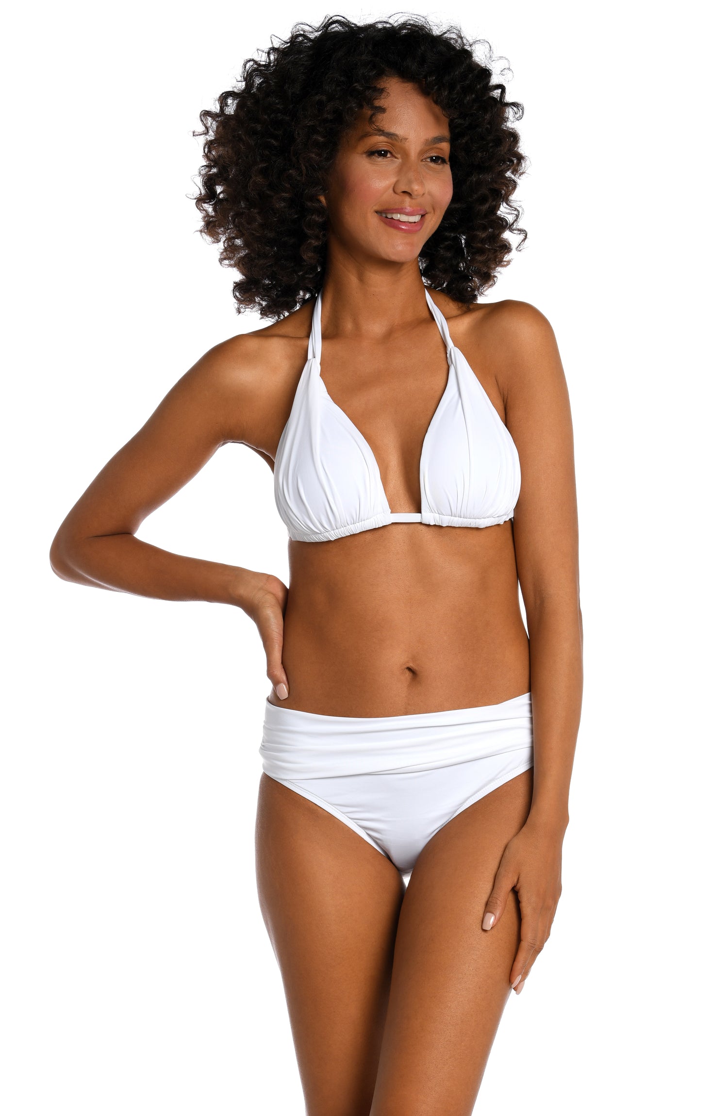 Model is wearing a white halter triangle swimsuit top from our Best-Selling Island Goddess collection.