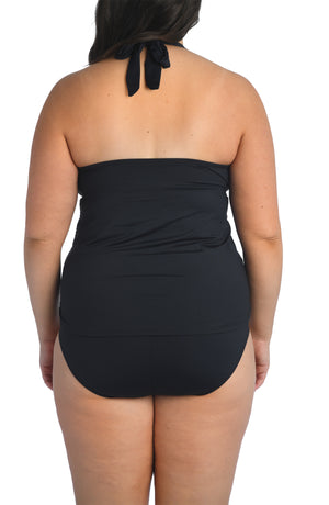 Model is wearing a black halter tankini swimsuit top from our Best-Selling Island Goddess collection.