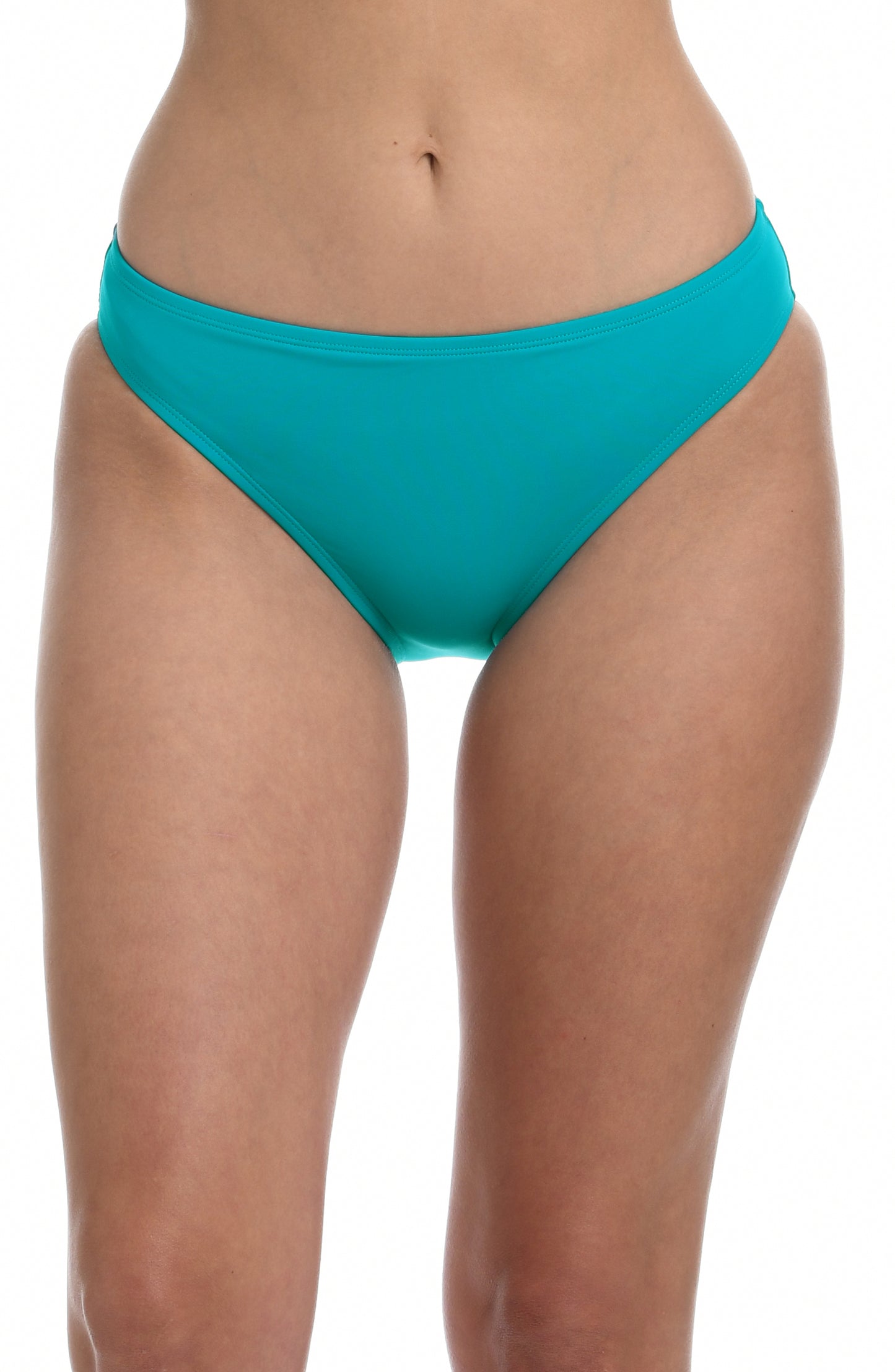 Model is wearing a turquoise colored hipster swimsuit bottom from our Best-Selling Island Goddess collection.