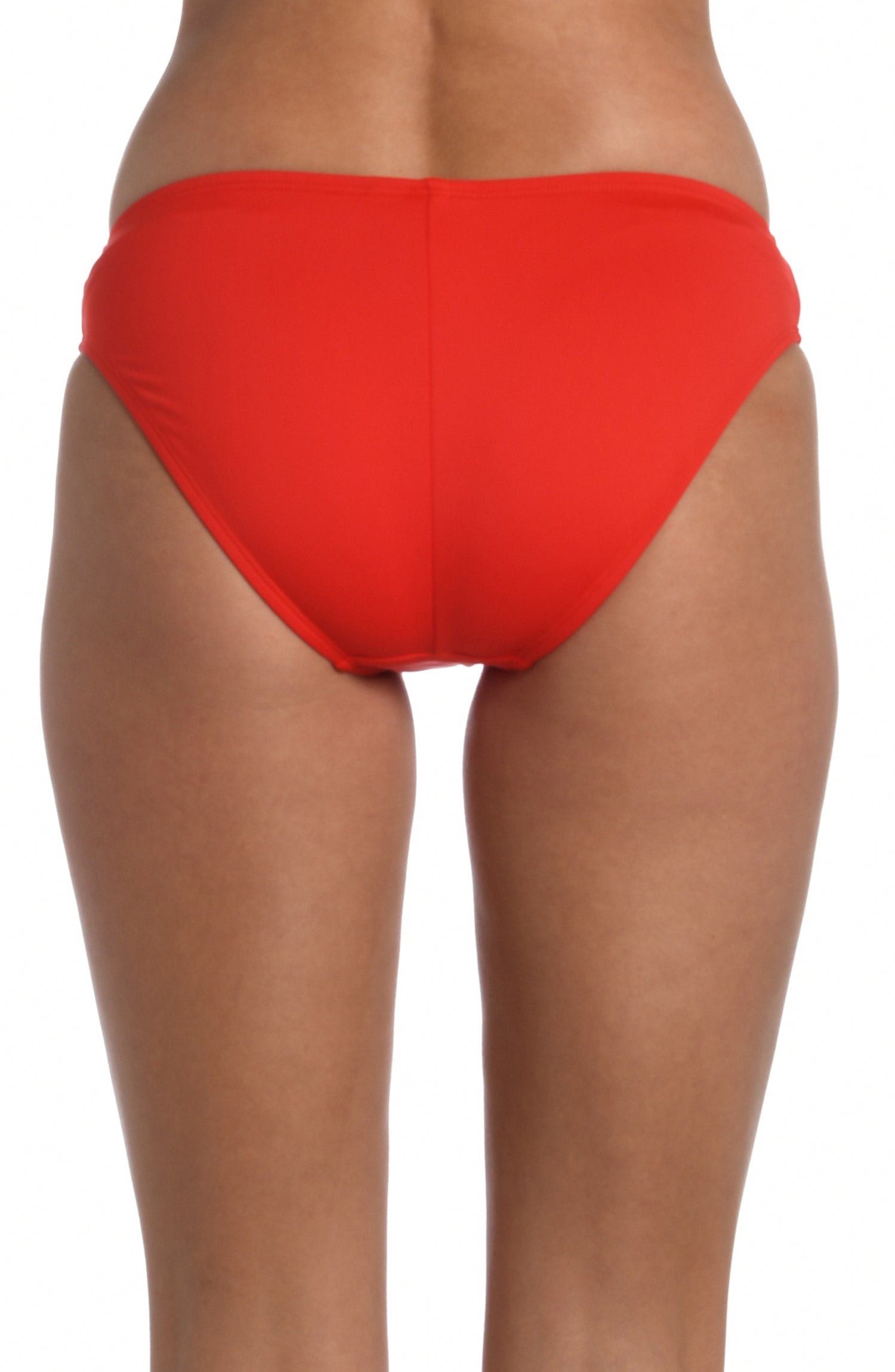Model is wearing a cherry colored hipster swimsuit bottom from our Best-Selling Island Goddess collection.
