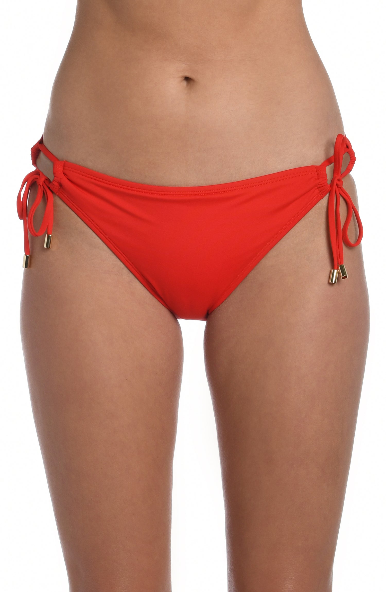 Model is wearing a cherry colored side-tie hipster swimsuit bottom from our Best-Selling Island Goddess collection.