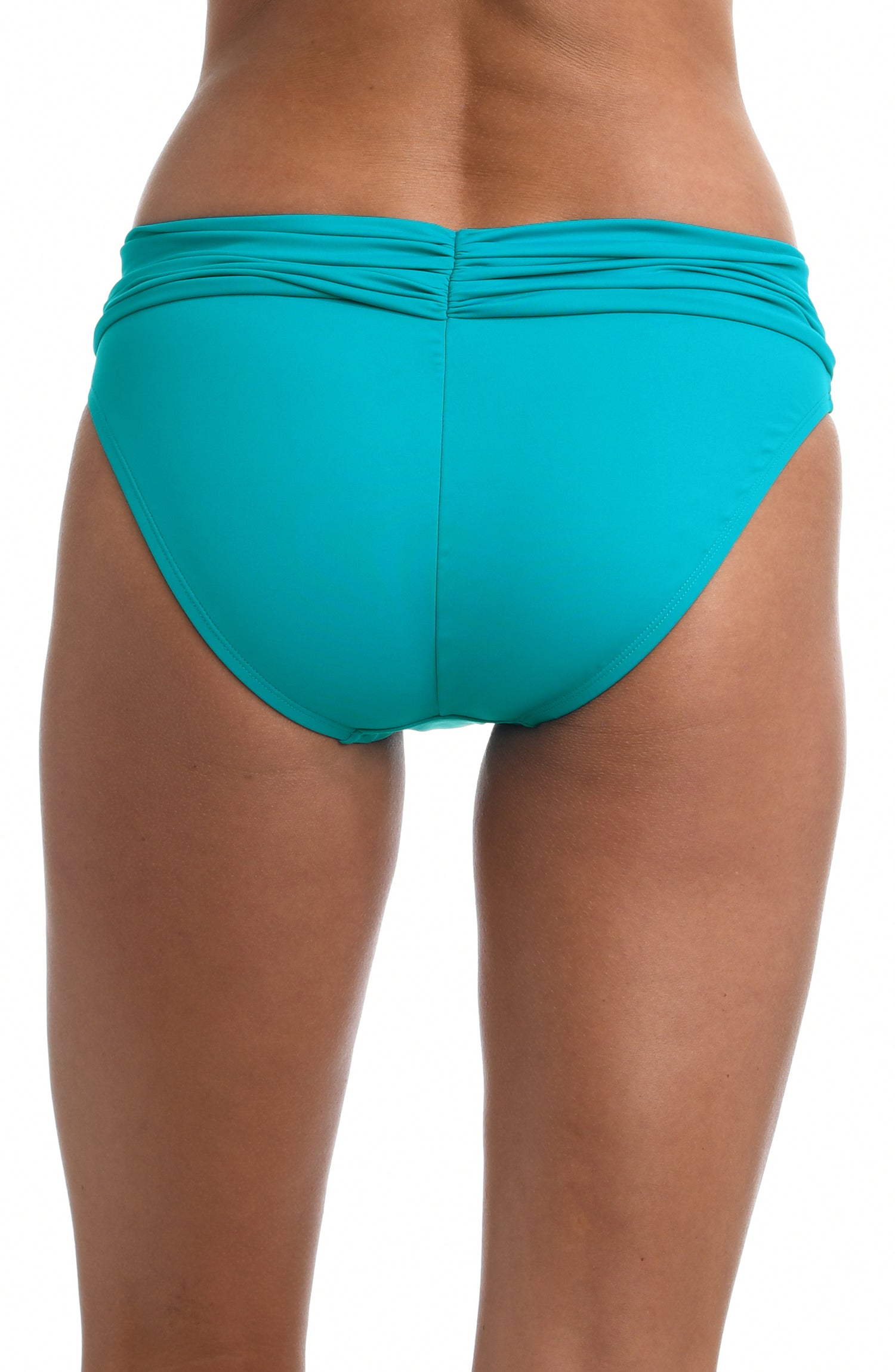 Model is wearing a turquoise colored shirred hipster swimsuit bottom from our Best-Selling Island Goddess collection.