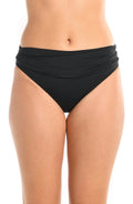 Model is wearing a black hipster swimsuit bottom from our Best-Selling Island Goddess collection.
