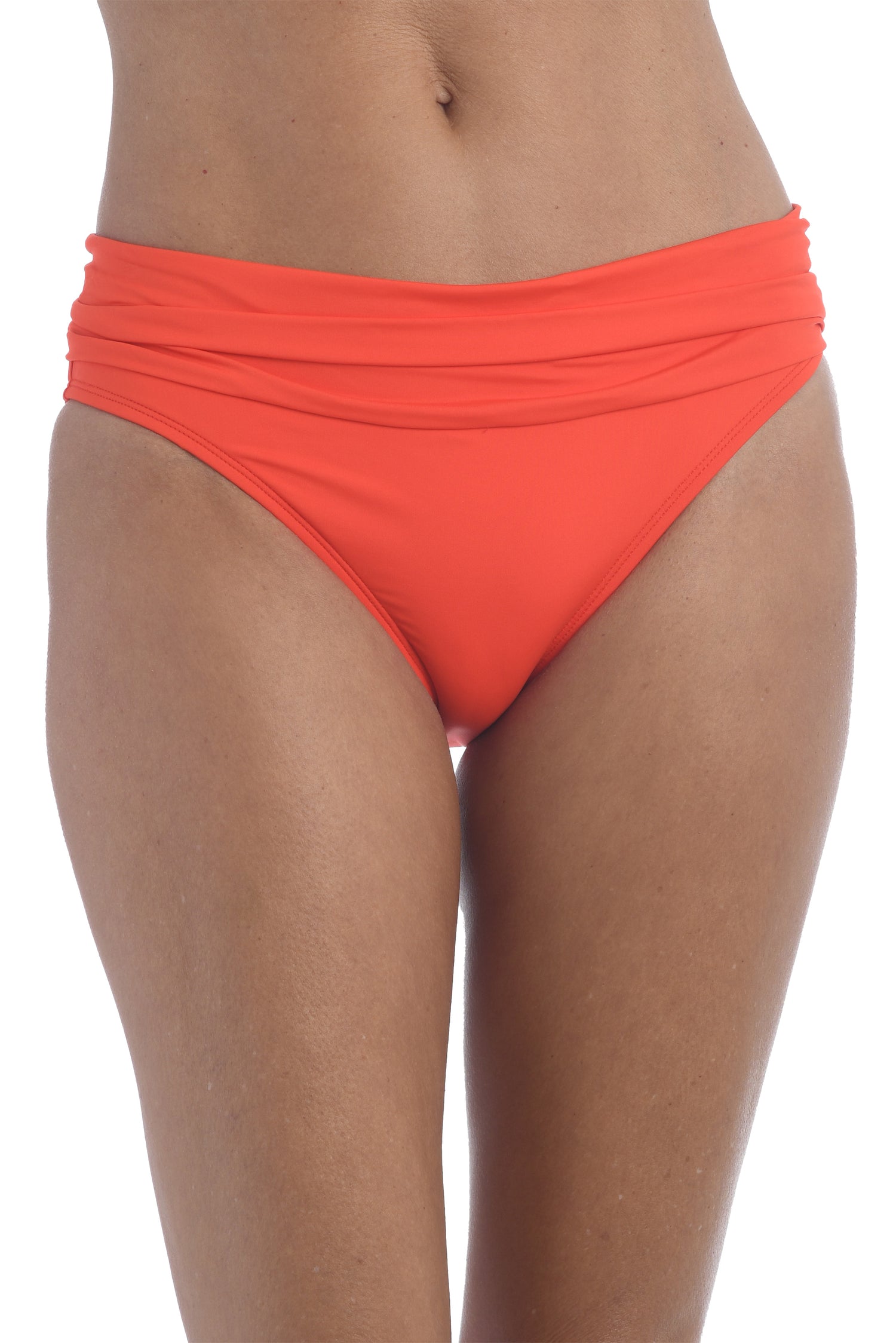 Model is wearing a paprika colored hipster swimsuit bottom from our Best-Selling Island Goddess collection.
