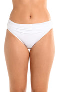 Model is wearing a white shirred hipster swimsuit bottom from our Best-Selling Island Goddess collection.