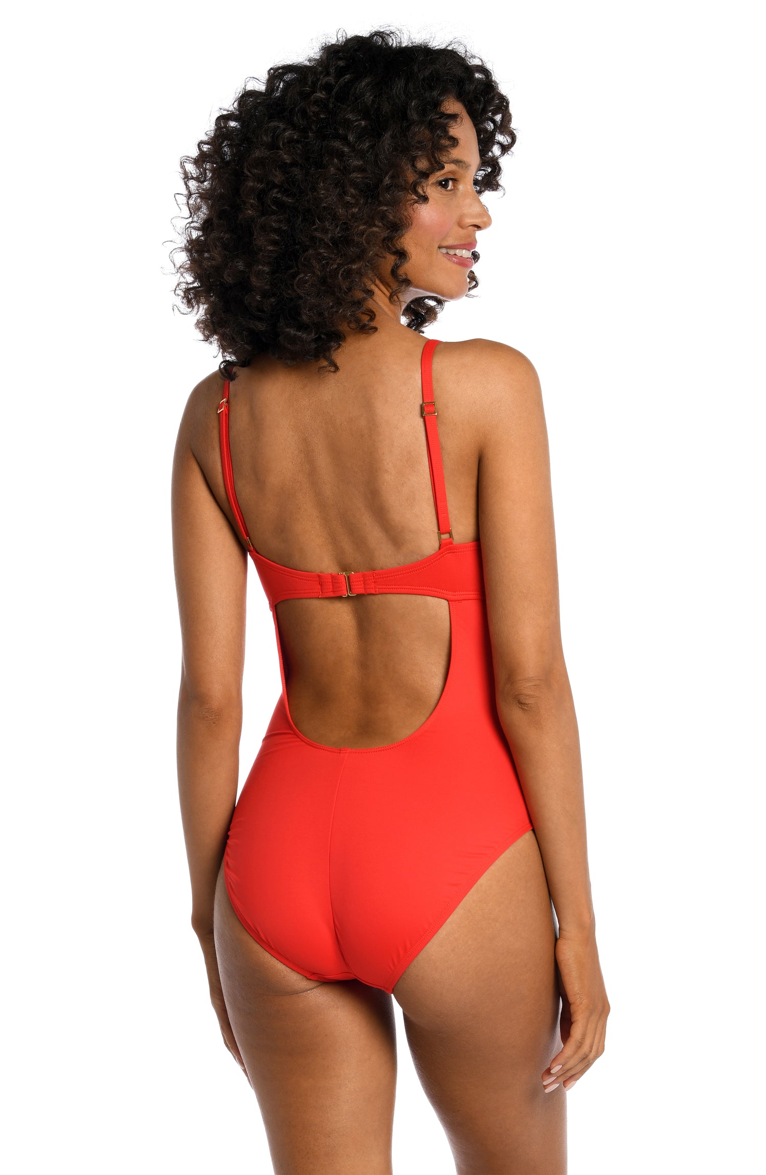 Model is wearing a cherry colored one piece swimsuit from our Best-Selling Island Goddess collection.