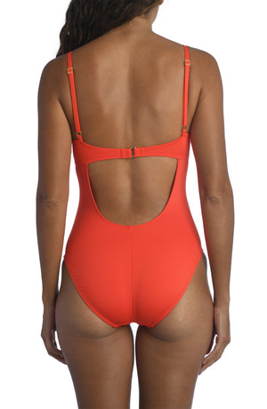 Model is wearing a paprika colored one piece swimsuit from our Best-Selling Island Goddess collection.