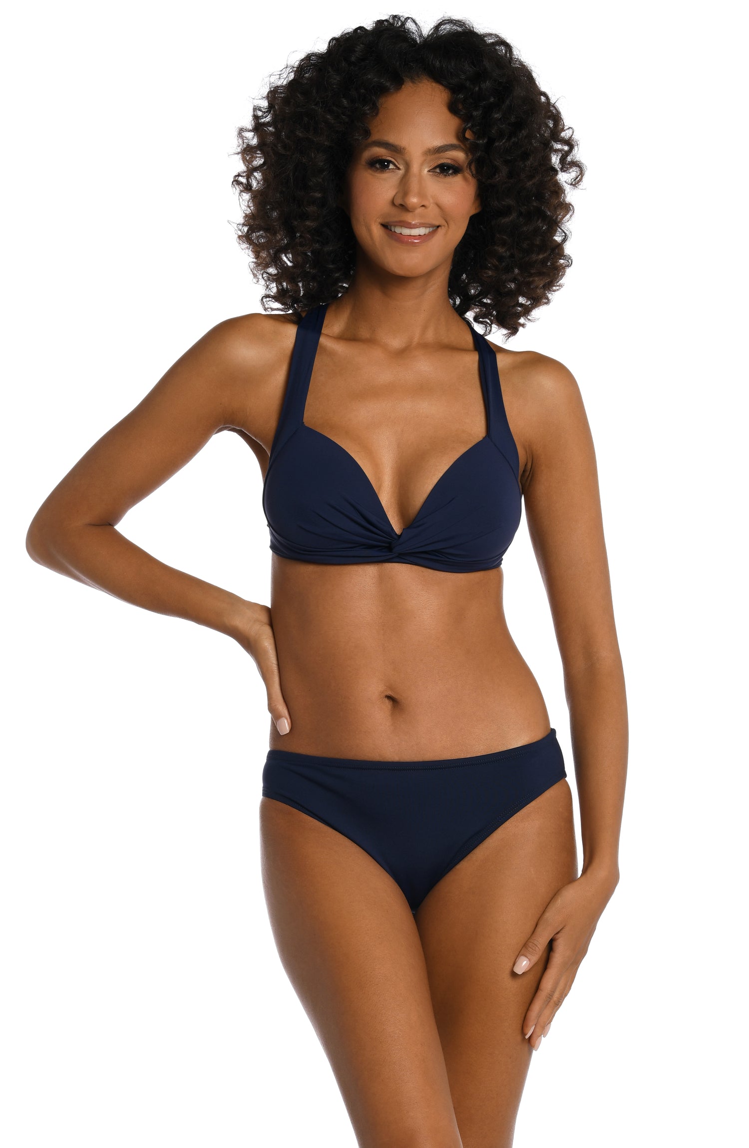 Model is wearing a indigo colored twist front swimsuit top from our Best-Selling Island Goddess collection.