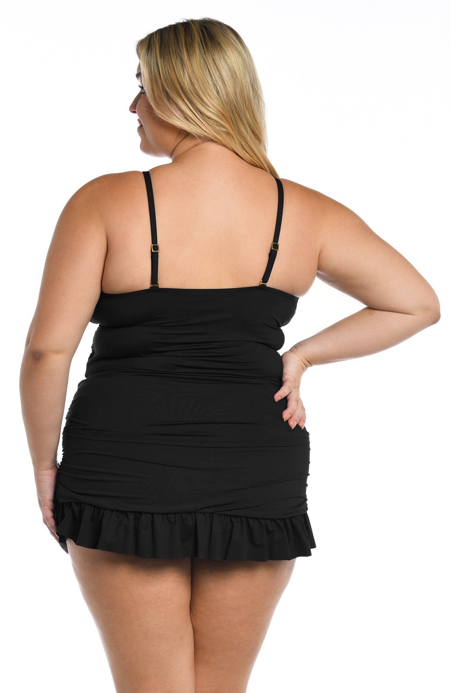 Model is wearing a black keyhole tankini swimsuit top from our Best-Selling Island Goddess collection.