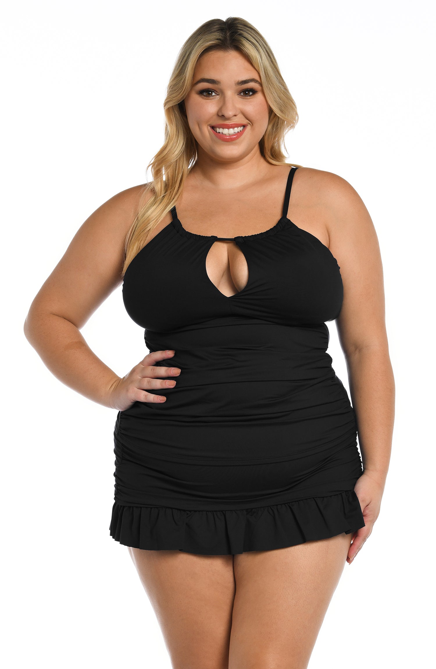 Model is wearing a black keyhole tankini swimsuit top from our Best-Selling Island Goddess collection.