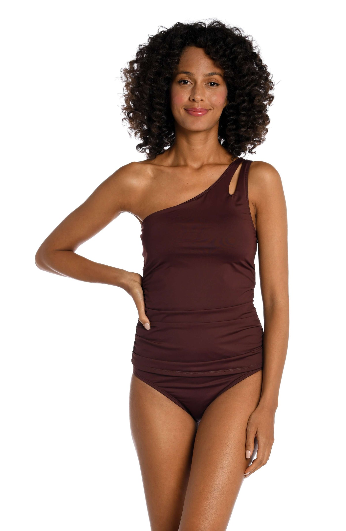 
                  
                    Model is wearing a java colored keyhole tankini swimsuit top from our Best-Selling Island Goddess collection.
                  
                