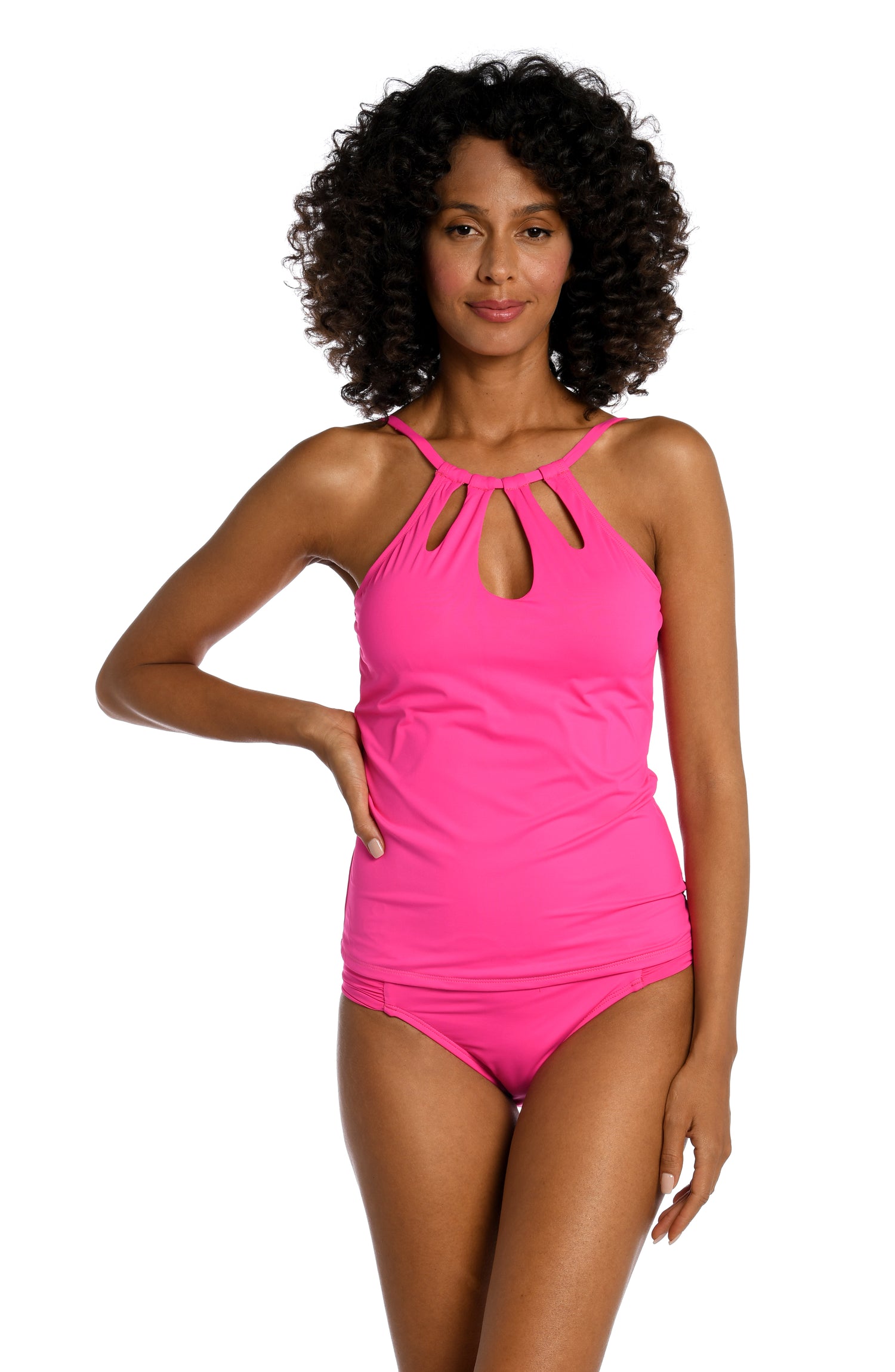 Model is wearing a pop pink colored keyhole tankini swimsuit top from our Best-Selling Island Goddess collection.