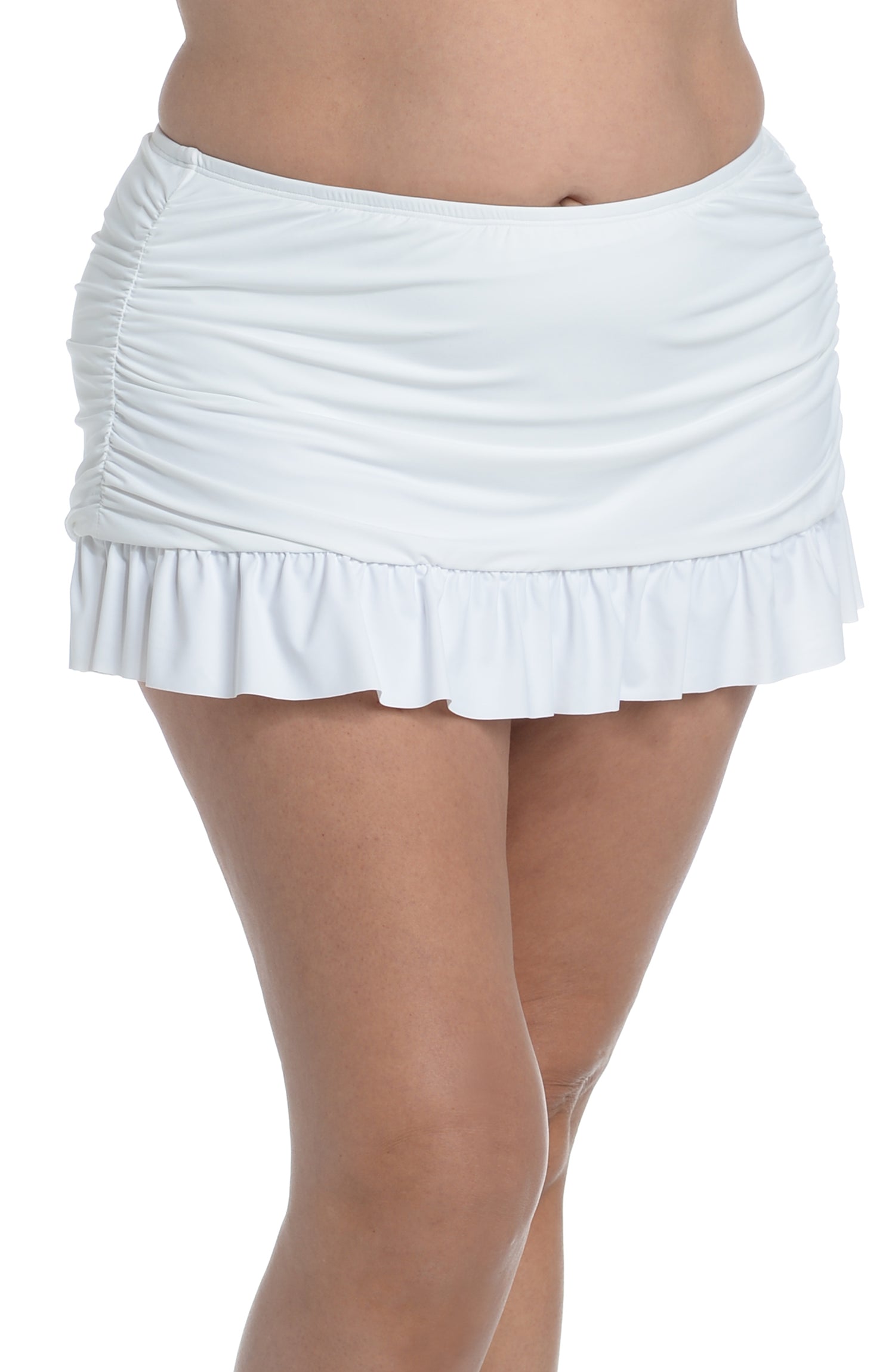 Model is wearing a white ruffle skirted swimsuit bottom from our Best-Selling Island Goddess collection.