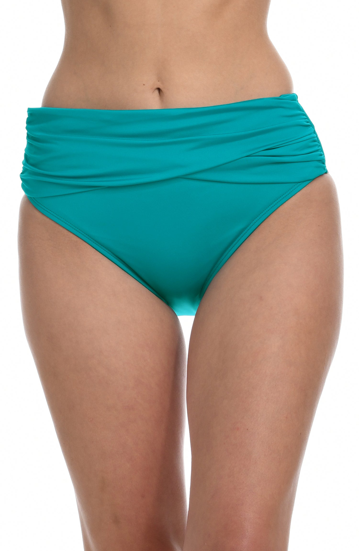 Model is wearing a turquoise colored mid-waist swimsuit bottom from our Best-Selling Island Goddess collection.