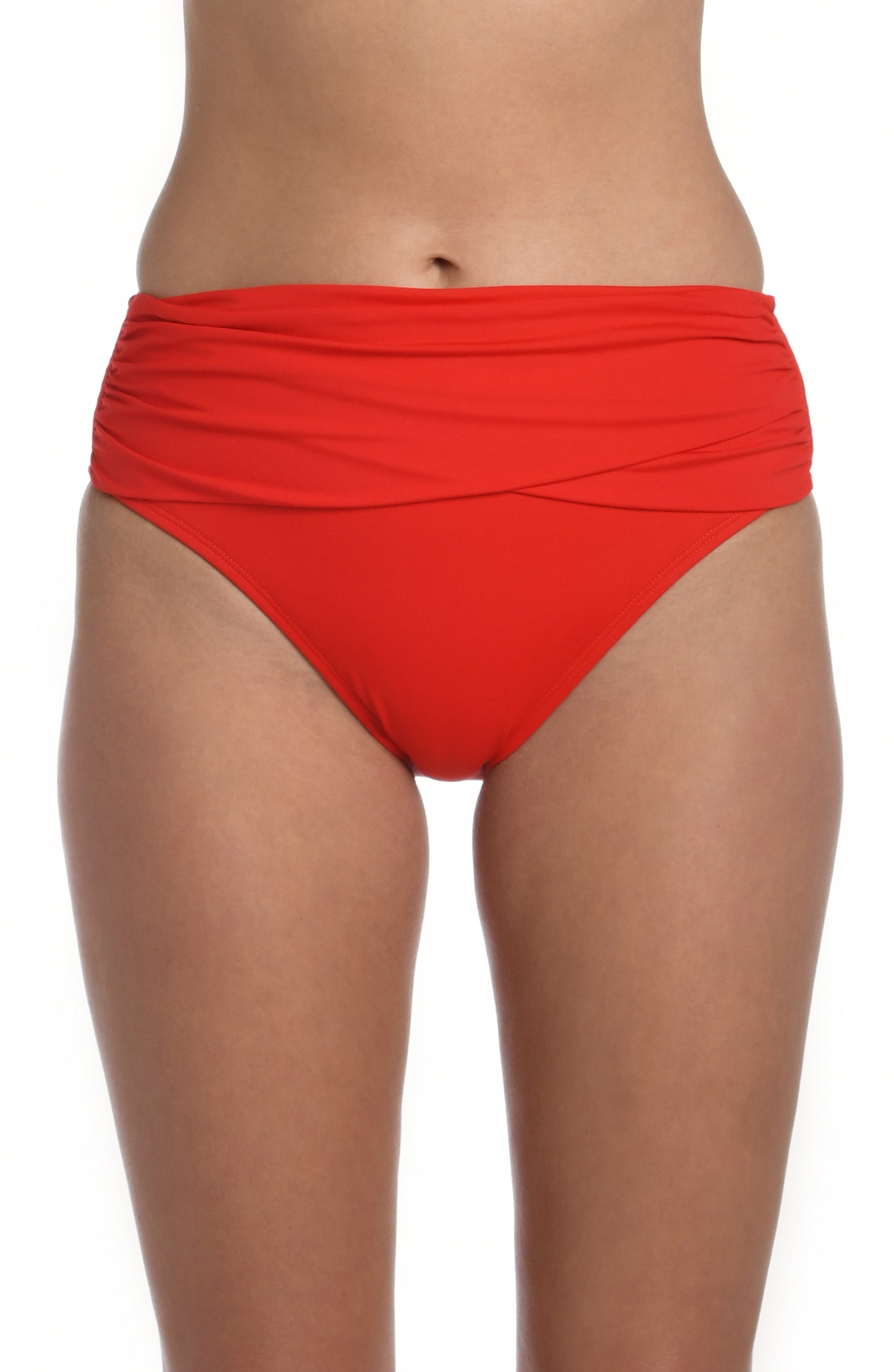 Model is wearing a cherry colored mid-waist swimsuit bottom from our Best-Selling Island Goddess collection.