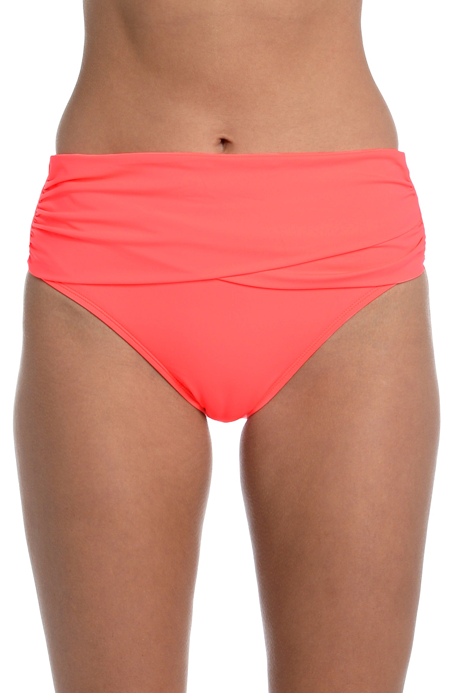 Model is wearing a hot coral colored mid-waist swimsuit bottom from our Best-Selling Island Goddess collection.