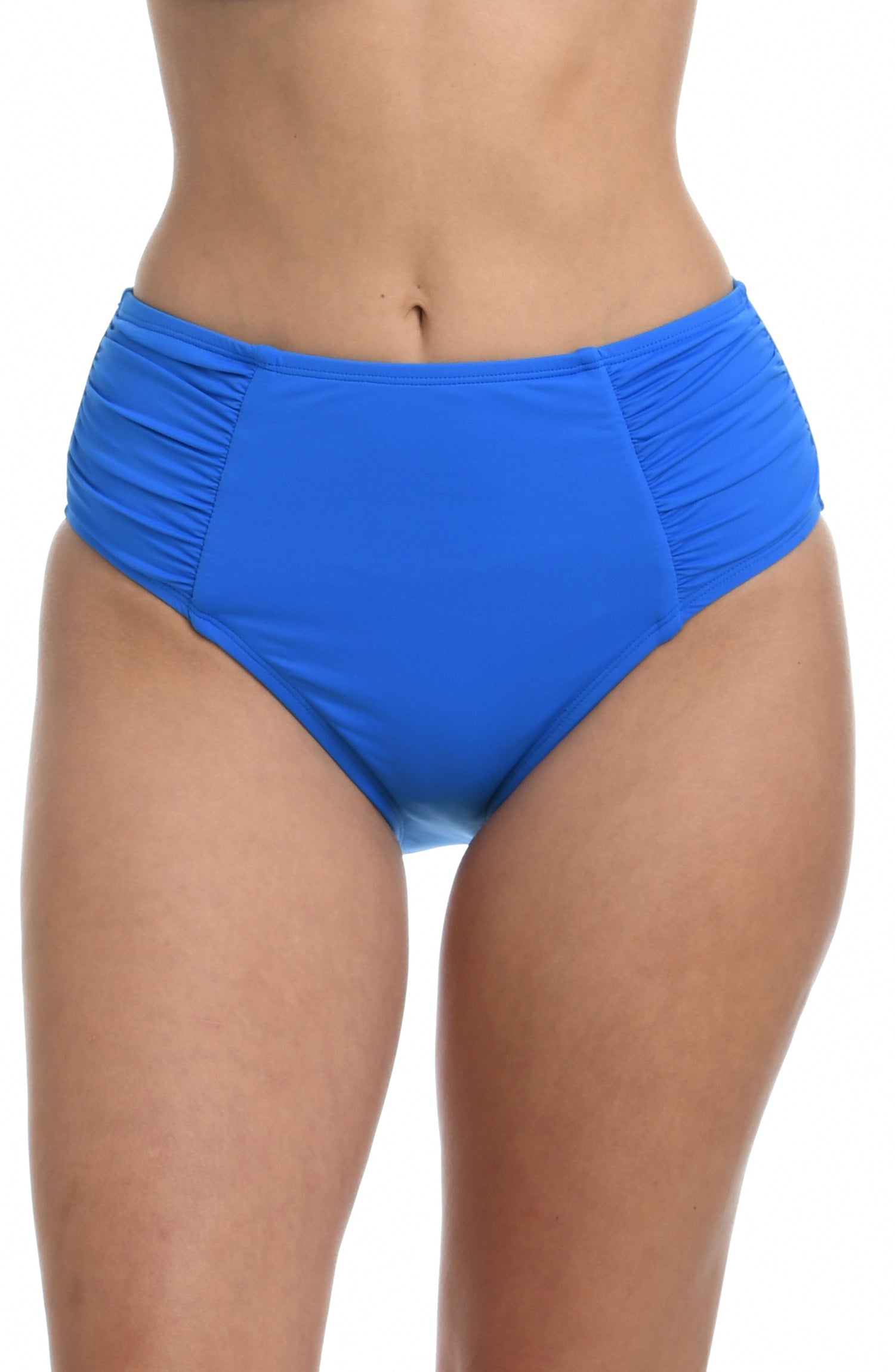 Model is wearing a capri blue colored high waist swimsuit bottom from our Best-Selling Island Goddess collection.