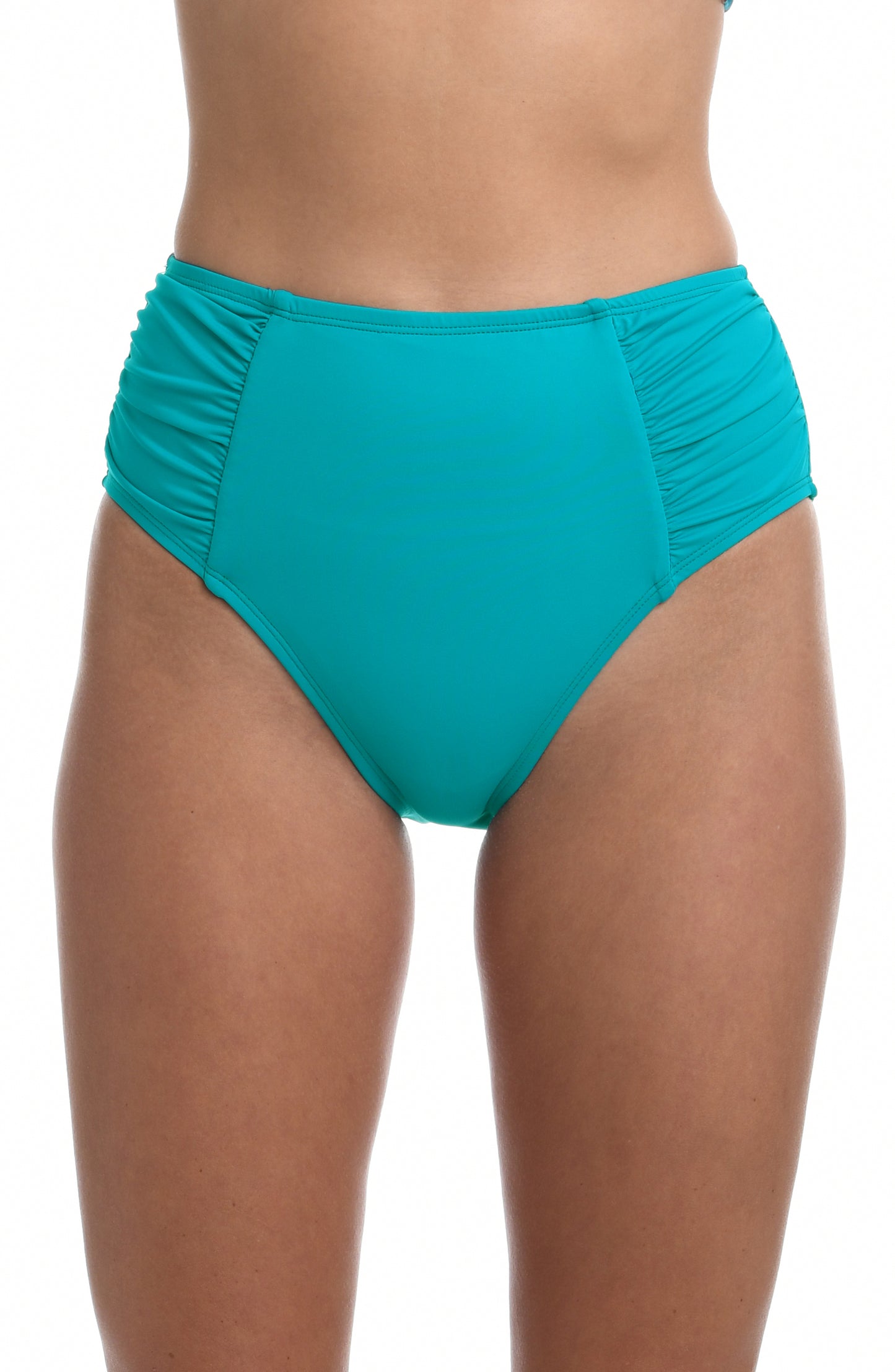 Model is wearing a turquoise colored high waist swimsuit bottom from our Best-Selling Island Goddess collection.