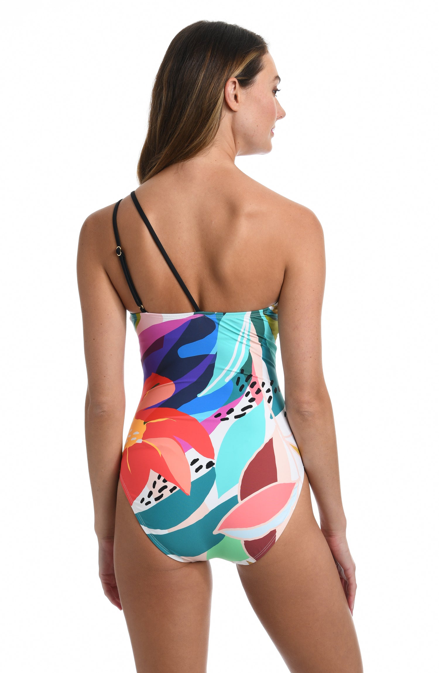 Model is wearing a multi colored tropical printed one piece swimsuit from our Eclectic Shore collection.
