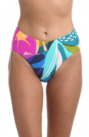 Model is wearing a multi colored tropical printed high waist swimsuit bottom from our Eclectic Shore collection.