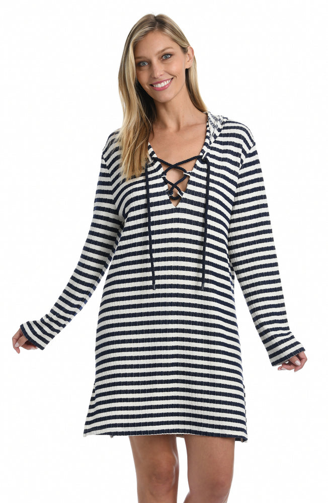 Model is wearing an indigo striped v-neck cover up tunic from our Static Stripe collection!