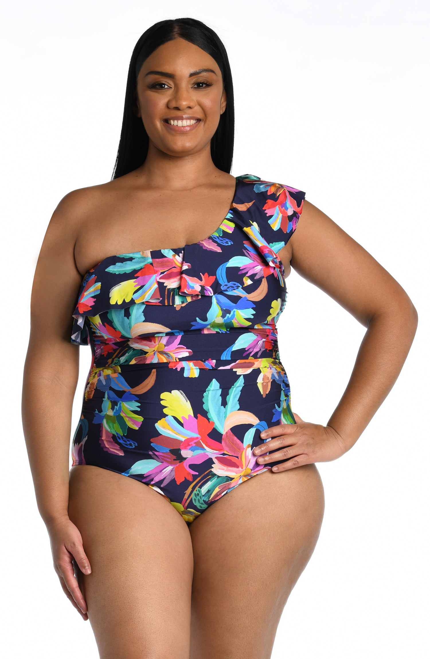 Model is wearing a multi-colored tropical printed one piece swimsuit from our By the Sea collection.