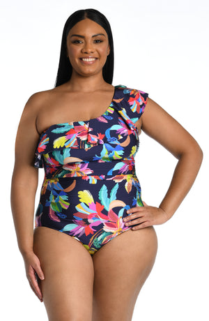 
            
                Load image into Gallery viewer, Model is wearing a multi-colored tropical printed one piece swimsuit from our By the Sea collection.
            
        