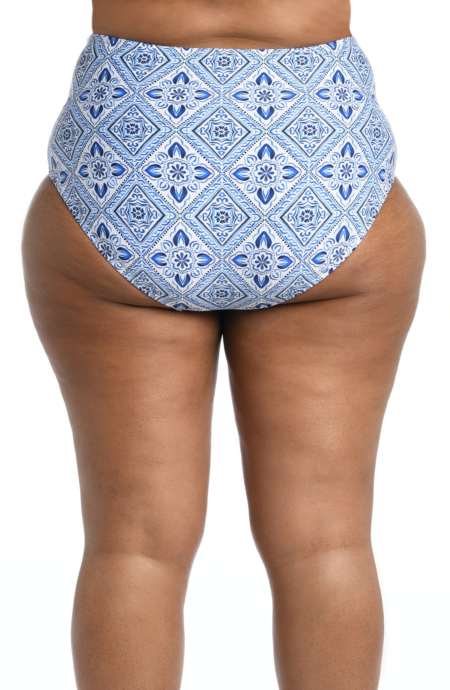 Model is wearing a light blue artful mosaic printed high waist swimsuit bottom from our Mediterranean Breeze collection.