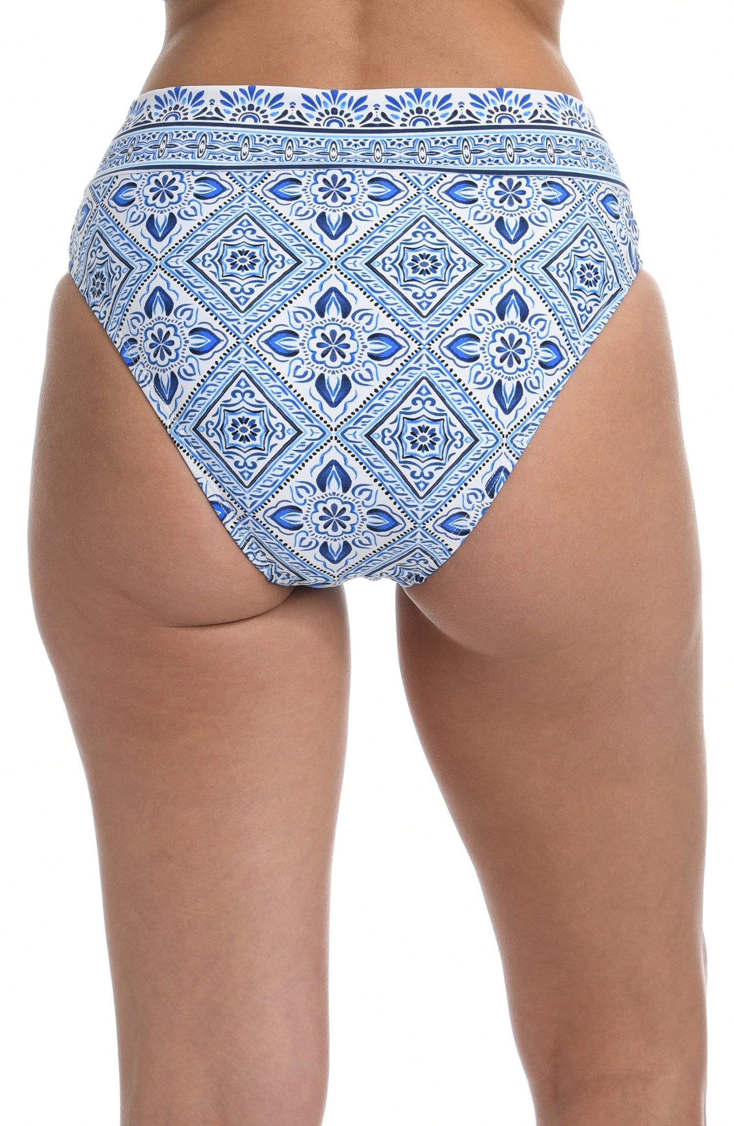 Model is wearing a light blue artful mosaic printed high waist swimsuit bottom from our Mediterranean Breeze collection.
