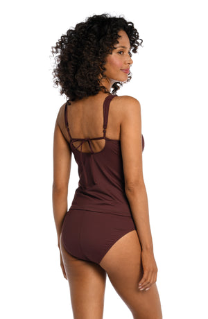 Model is wearing a java colored tankini swimsuit top from our Best-Selling Island Goddess collection.