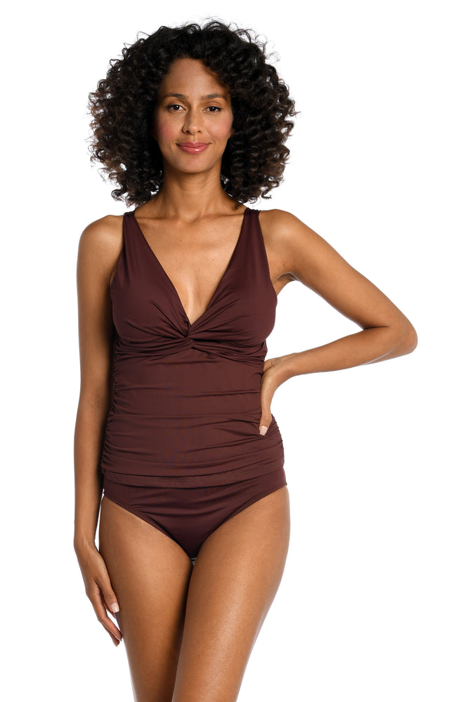 Model is wearing a java colored tankini swimsuit top from our Best-Selling Island Goddess collection.